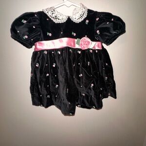 Black Velvet Kids Dress with Pink Rose Accents